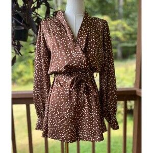 LUSH Brown Spotted Wrap Romper Belted Long Sleeve S
